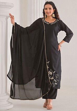 Embroidered Viscose Rayon Pakistani Suit in Black