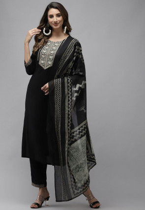 Embroidered Viscose Rayon Pakistani Suit in Black