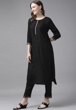 Embroidered Viscose Rayon Pakistani Suit in Black