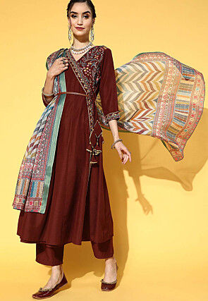 Embroidered Viscose Rayon Pakistani Suit in Brown