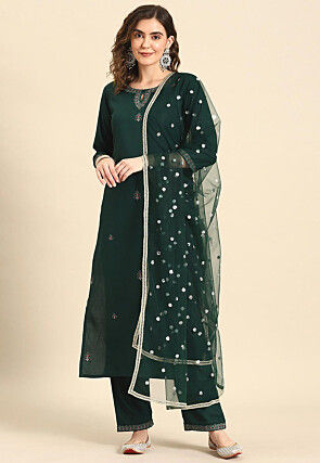 Embroidered Viscose Rayon Pakistani Suit in Dark Green