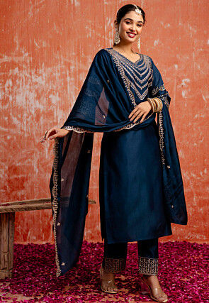 Embroidered Viscose Rayon Pakistani Suit in Dark Teal Blue