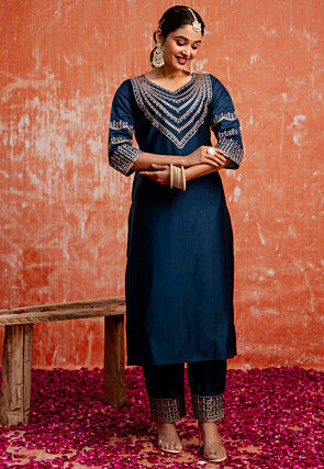 Embroidered Viscose Rayon Pakistani Suit in Dark Teal Blue