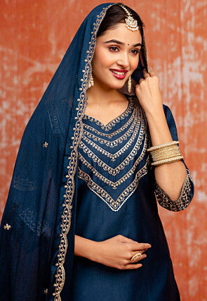 Embroidered Viscose Rayon Pakistani Suit in Dark Teal Blue