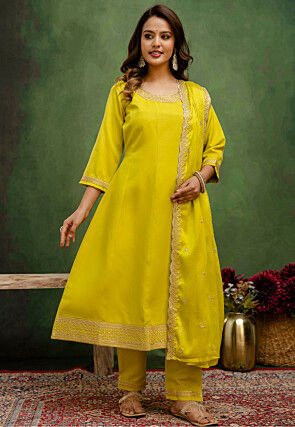 Embroidered Viscose Rayon A Line Suit in Light Green