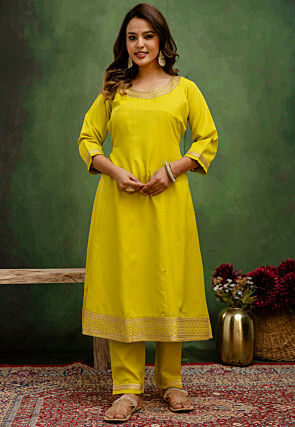 Embroidered Viscose Rayon A Line Suit in Light Green