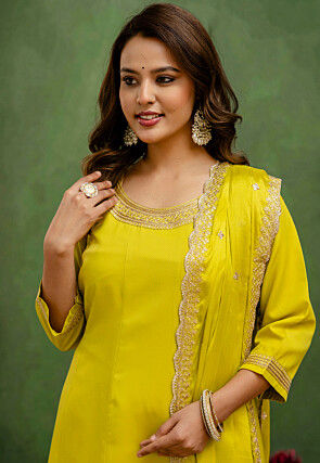 Embroidered Viscose Rayon A Line Suit in Light Green