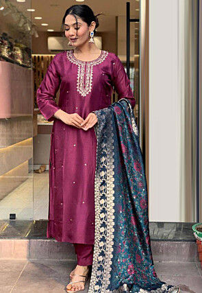 Embroidered Viscose Rayon Pakistani Suit in Maroon