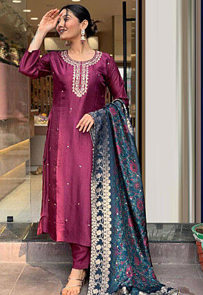 Embroidered Viscose Rayon Pakistani Suit in Maroon