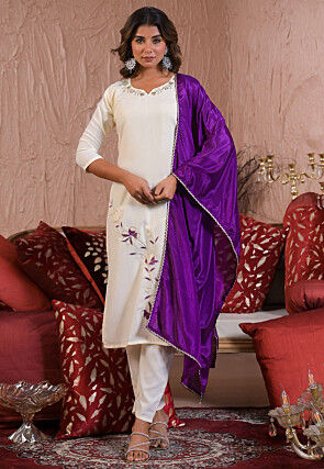 Embroidered Viscose Rayon Pakistani Suit in Off White