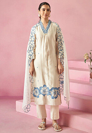 Embroidered Viscose Rayon Pakistani Suit in Off White