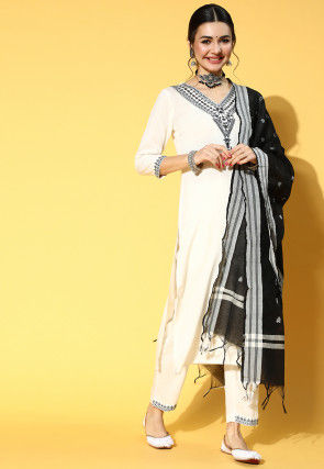 Embroidered Viscose Rayon Pakistani Suit in Off White