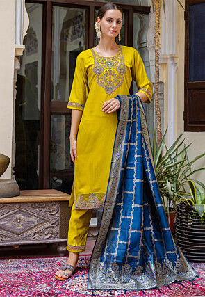 Embroidered Viscose Rayon Pakistani Suit in Olive Green