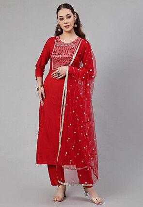 Embroidered Viscose Rayon Pakistani Suit in Red