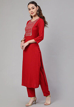 Embroidered Viscose Rayon Pakistani Suit in Red