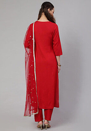 Embroidered Viscose Rayon Pakistani Suit in Red