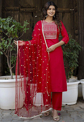 Embroidered Viscose Rayon Pakistani Suit in Red
