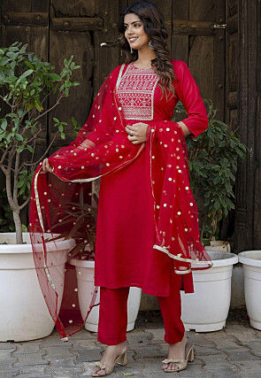 Embroidered Viscose Rayon Pakistani Suit in Red