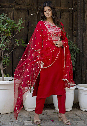 Embroidered Viscose Rayon Pakistani Suit in Red