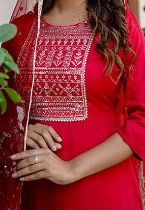 Embroidered Viscose Rayon Pakistani Suit in Red