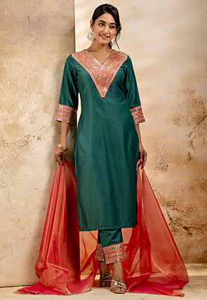 Embroidered Viscose Rayon Pakistani Suit in Teal Green