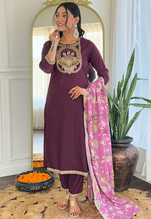 Embroidered Viscose Rayon Pakistani Suit in Wine