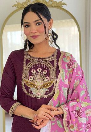 Embroidered Viscose Rayon Pakistani Suit in Wine