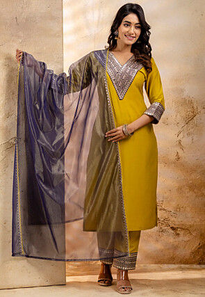 Embroidered Viscose Rayon Pakistani Suit in Yellow