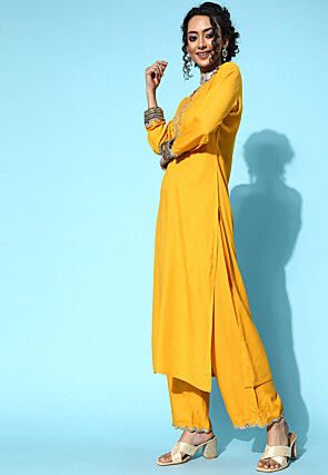 Embroidered Viscose Rayon Pakistani Suit in Yellow