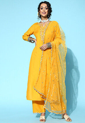 Embroidered Viscose Rayon Pakistani Suit in Yellow