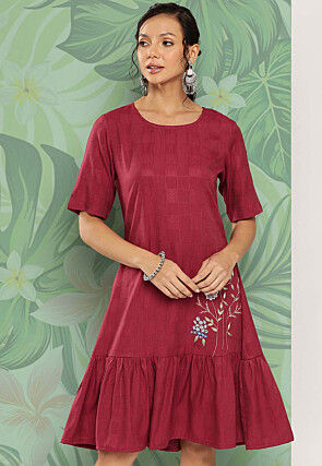 Embroidered Viscose Rayon Ruffled Dress in Maroon