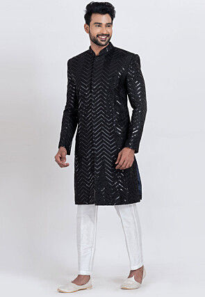 Embroidered Viscose Rayon Sherwani in Black