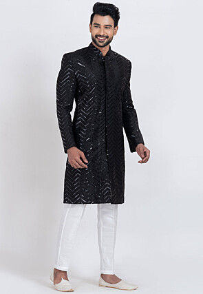 Embroidered Viscose Rayon Sherwani in Black