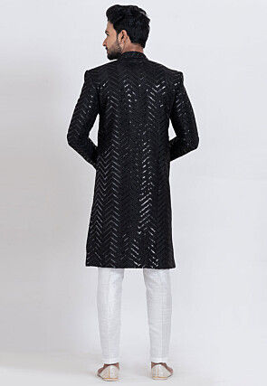 Embroidered Viscose Rayon Sherwani in Black