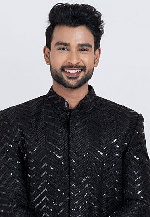 Embroidered Viscose Rayon Sherwani in Black