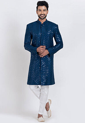 Embroidered Viscose Rayon Sherwani in Dark Teal Blue