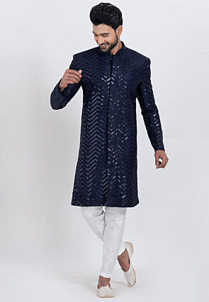 Embroidered Viscose Rayon Sherwani in Navy Blue
