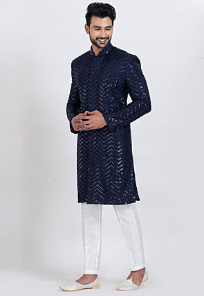 Embroidered Viscose Rayon Sherwani in Navy Blue