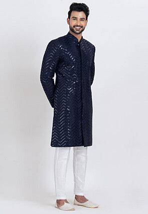 Embroidered Viscose Rayon Sherwani in Navy Blue