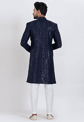 Embroidered Viscose Rayon Sherwani in Navy Blue