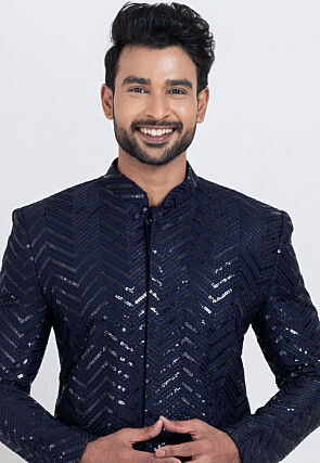Embroidered Viscose Rayon Sherwani in Navy Blue