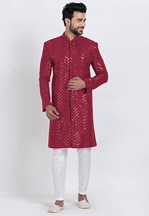 Embroidered Viscose Rayon Sherwani in Red