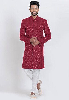 Embroidered Viscose Rayon Sherwani in Red