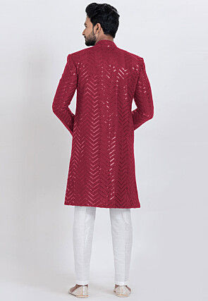 Embroidered Viscose Rayon Sherwani in Red