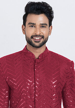 Embroidered Viscose Rayon Sherwani in Red