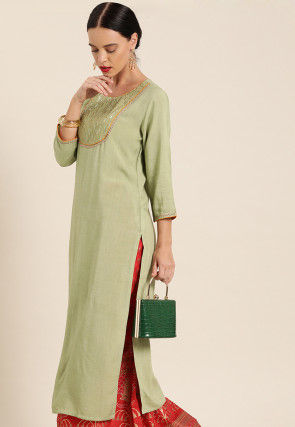 Embroidered Viscose Rayon Straight Kurta in Light Olive Green