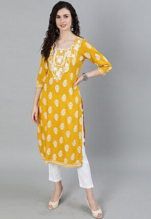 Embroidered Viscose Rayon Straight Kurta in Mustard