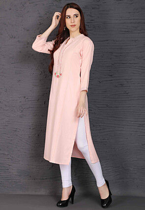Embroidered Viscose Rayon Straight Kurta in Pink