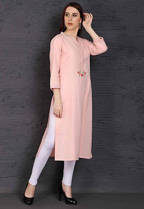Embroidered Viscose Rayon Straight Kurta in Pink