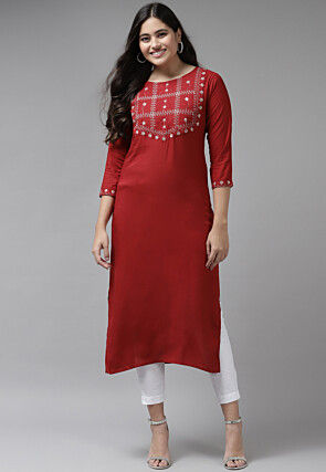 Embroidered Viscose Rayon Straight Kurta in Red